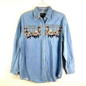 QUIZZ NEW YORK Vintage Denim Shirt Womens M Christmas Theme Embroidery Button Up